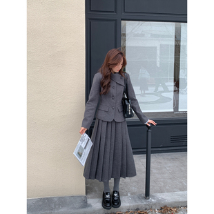 女秋冬斜领外套百褶半裙 韩系高智感呢子套装 Even一雯 伊丽莎白