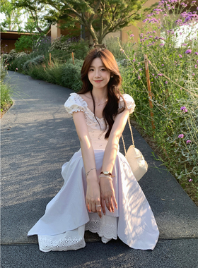 清仓Even一雯【环岛日记】韩系高智感气质百搭蓝色蕾丝花边长半裙