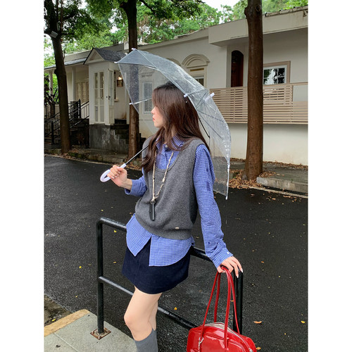 Even一雯【南韩模范生】韩系高智早秋叠穿慵懒感蓝格纹100棉衬衫