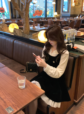 Even一雯【芭蕾黑天鹅】韩系高智秋冬假两件收腰衬衫连衣裙带胸针