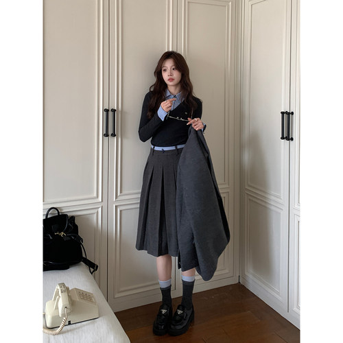 Even一雯【韩女早课半裙】韩系高智感秋冬百搭学院风拼接腰头半裙