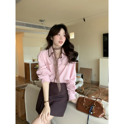 Even一雯【时尚女编辑】韩系高智100棉粉色长袖早秋精致刺绣衬衫