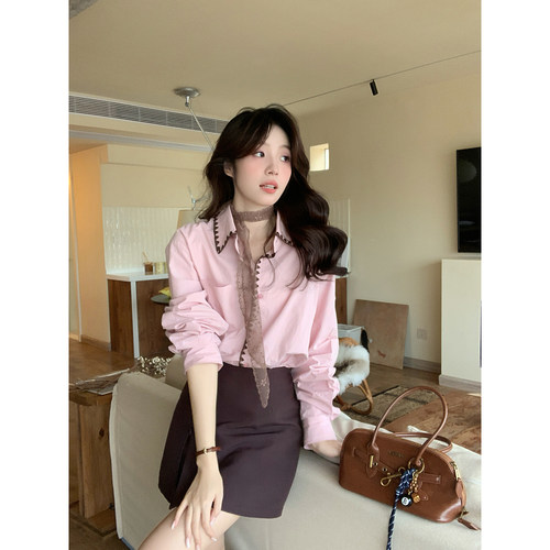 Even一雯【时尚女编辑】韩系高智100棉粉色长袖早秋精致刺绣衬衫