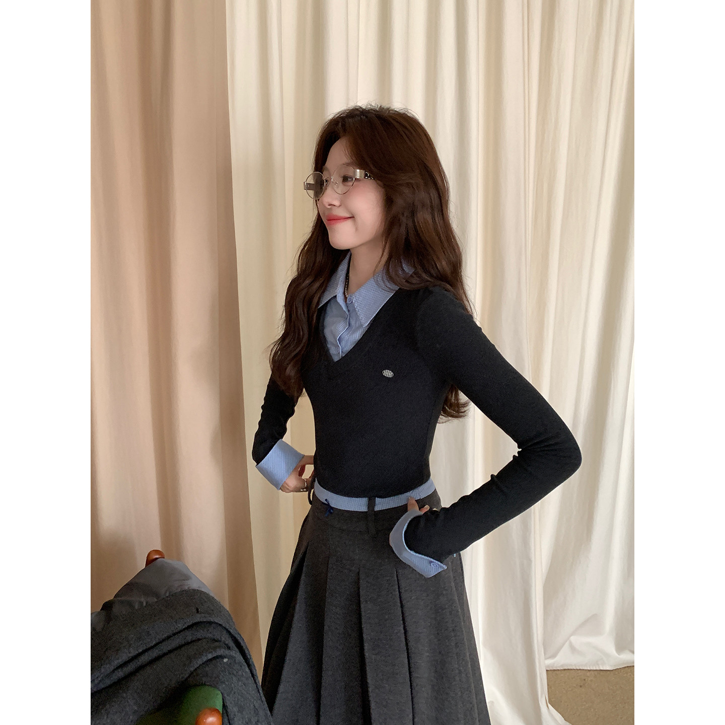 Even一雯【韩女早课】韩系高智秋冬学院风减龄感精致假两件针织衫