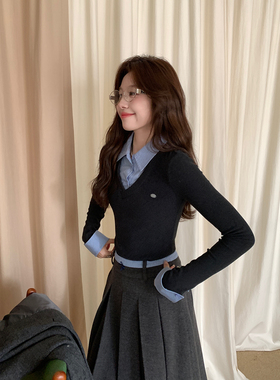 Even一雯【韩女早课】韩系高智秋冬学院风减龄感精致假两件针织衫