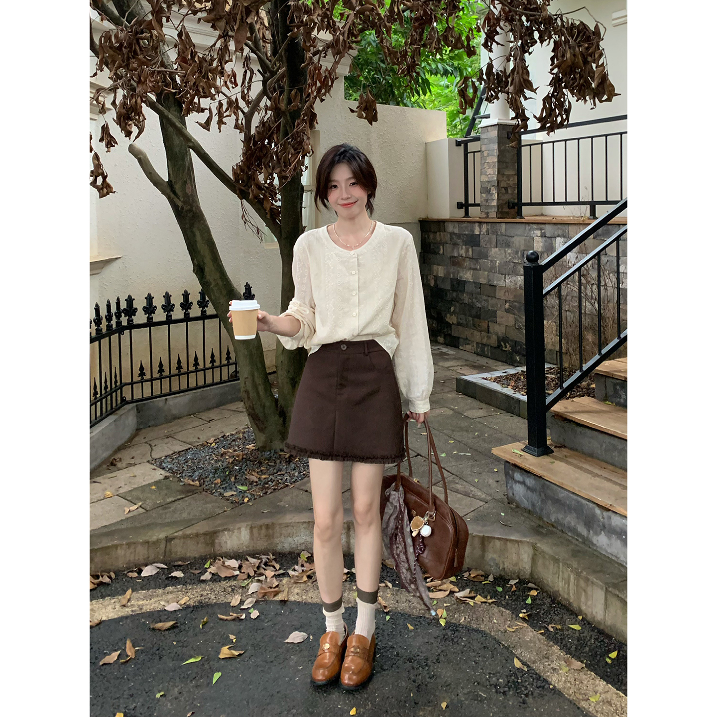 Even一雯【冷萃可可】韩系高智感下摆花边高腰A字收腰百搭半身裙