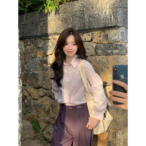 Even一雯【秋日女作家】韩系高智100棉浅灰紫早秋简约衬衫带丝巾