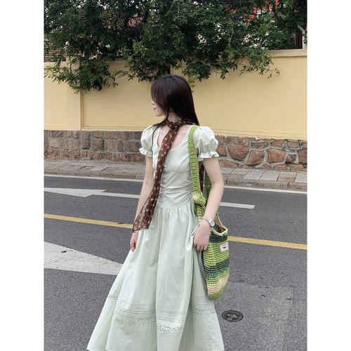 Even一雯【薄荷珍珠】韩系高智感90棉法式收腰气质精致短袖连衣裙