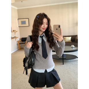 假两件针织衫 韩系高智灰蓝修身 设计感上衣 高智感姐姐 Even一雯