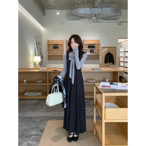 Even一雯【温柔姐系】韩系高智感撞色拼接温柔蝴蝶结长袖连衣裙