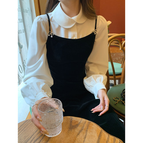 Even一雯【月半小夜曲】韩系高智精致收腰显瘦叠搭丝绒吊带连衣裙