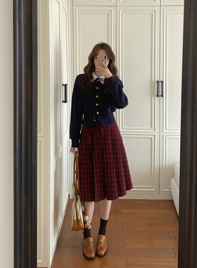 Even一雯【英伦女高半裙】韩系高智100棉复古英伦风红黑格纹半裙