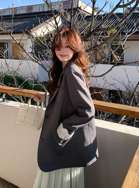 Even一雯【首尔通勤】韩系高智灰色高级西装宽松镂空翻袖韩版外套