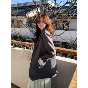 韩版 Even一雯 宽松镂空翻袖 韩系高智灰色高级西装 外套 首尔通勤