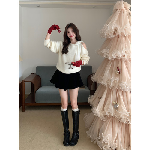 Even一雯【浪漫攻心】韩系高智感含兔毛百搭斜肩绑带温柔感毛衣