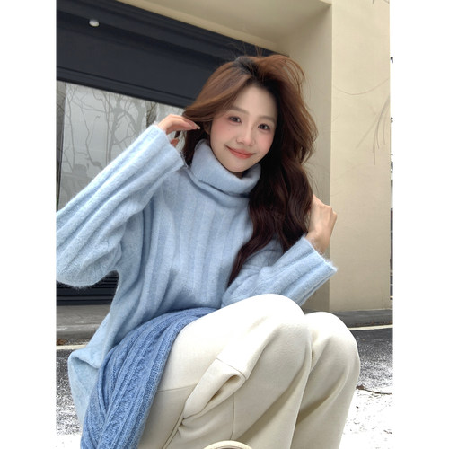 Even一雯【云朵慕斯】韩系高智感含羊毛翻领竖条纹插肩袖高领毛衣
