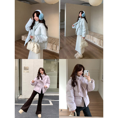 Even一雯【柔雾藤萝】韩系高智立领拆卸针织围帽短款白鸭绒羽绒服