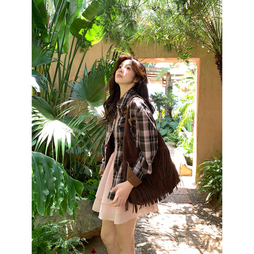 Even一雯【沙漠玫瑰】韩系高智感复古格纹宽松设计感长袖粉棕外套