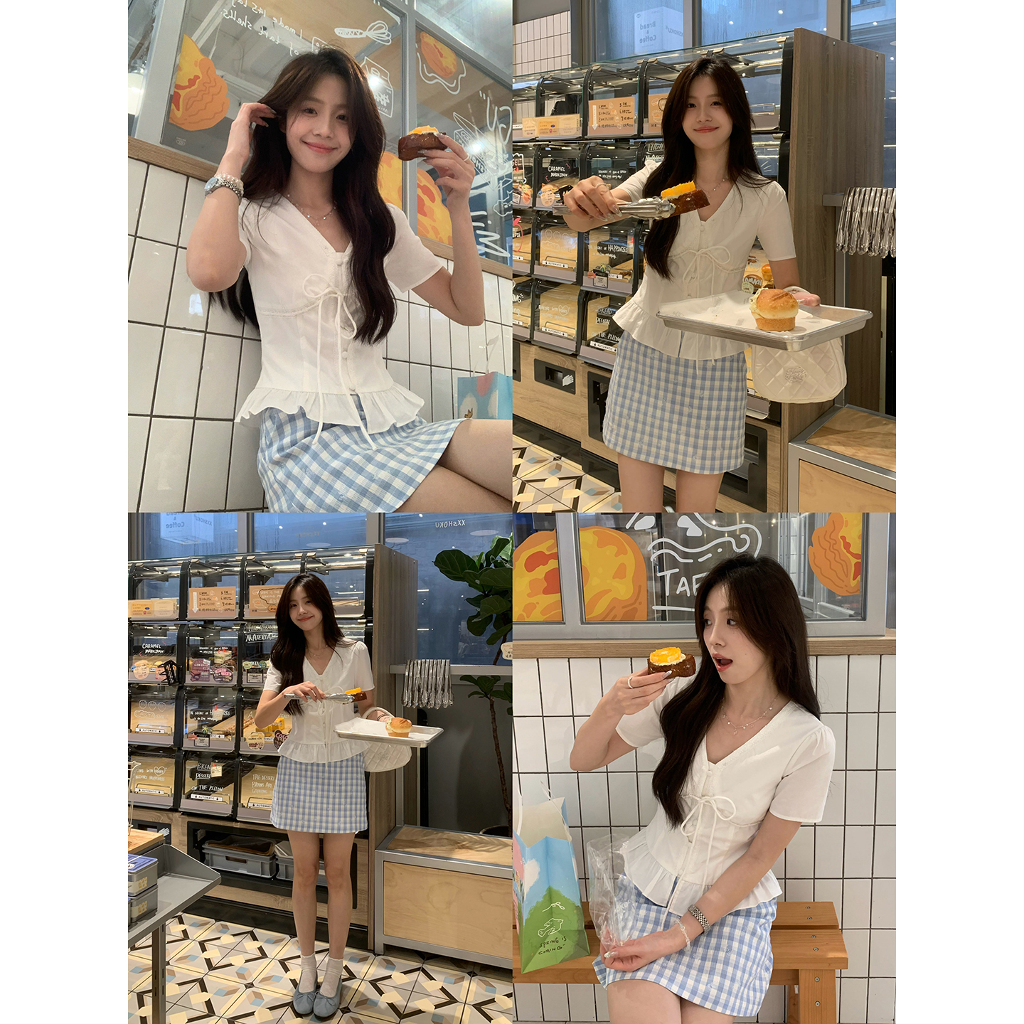 Even一雯【恋恋笔记】韩系高智感纯棉设计V领木耳边系带短袖衬衫