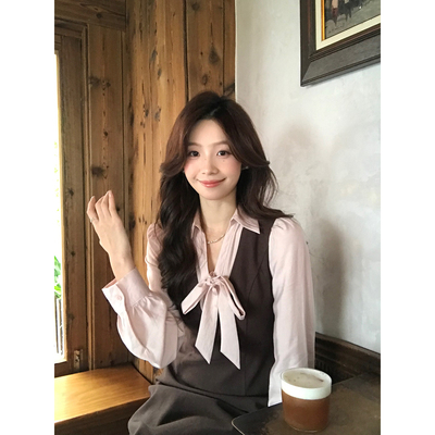 Even一雯【落日粉黛】韩系高智感秋冬假两件撞色拼接咖色连衣裙