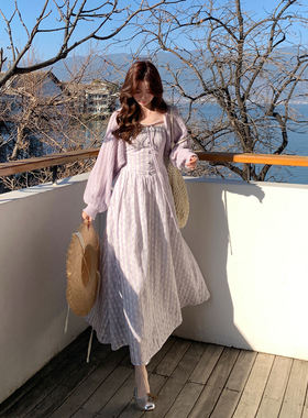 Even一雯【黛花雾】韩系高智假日温柔碎花裙紫色显白收腰吊带长裙