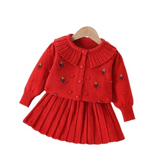 三折品牌撤柜童装 中小女童小花双领针织两件套洋气毛衣套裙 秋款