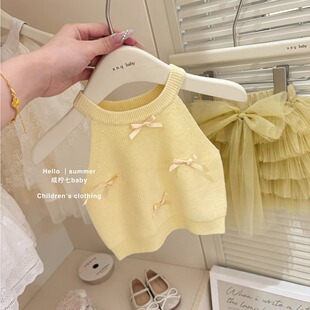 三折品牌撤柜童装夏季中小女童黄色吊带背心网纱手工蓬蓬短裙套装
