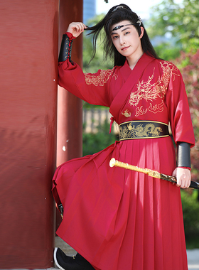 锦衣卫飞鱼服原创男汉服明制龙焰重工刺绣手工褶套装大红色表演服