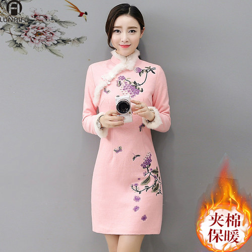 秋冬季夹棉加厚保暖羊毛呢旗袍