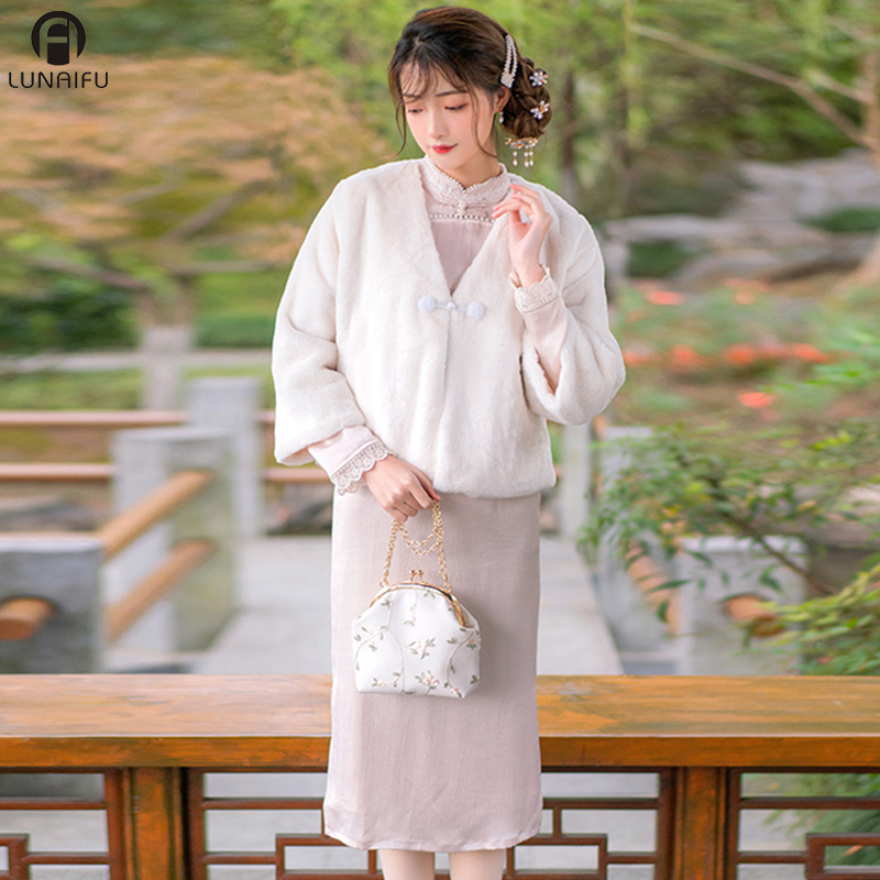 Cheongsam, winter jacket, fleece dress, set, Chinese style, increased thickness