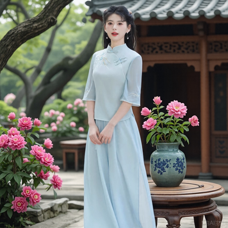 旗袍日常可穿新中式国风漂亮套装上衣女高端裙子穿搭清冷感两件套