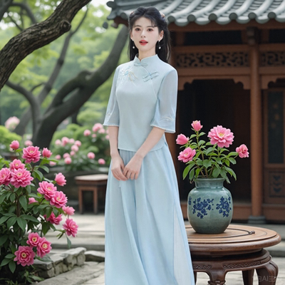 旗袍日常可穿新中式国风漂亮套装上衣女高端裙子穿搭清冷感两件套