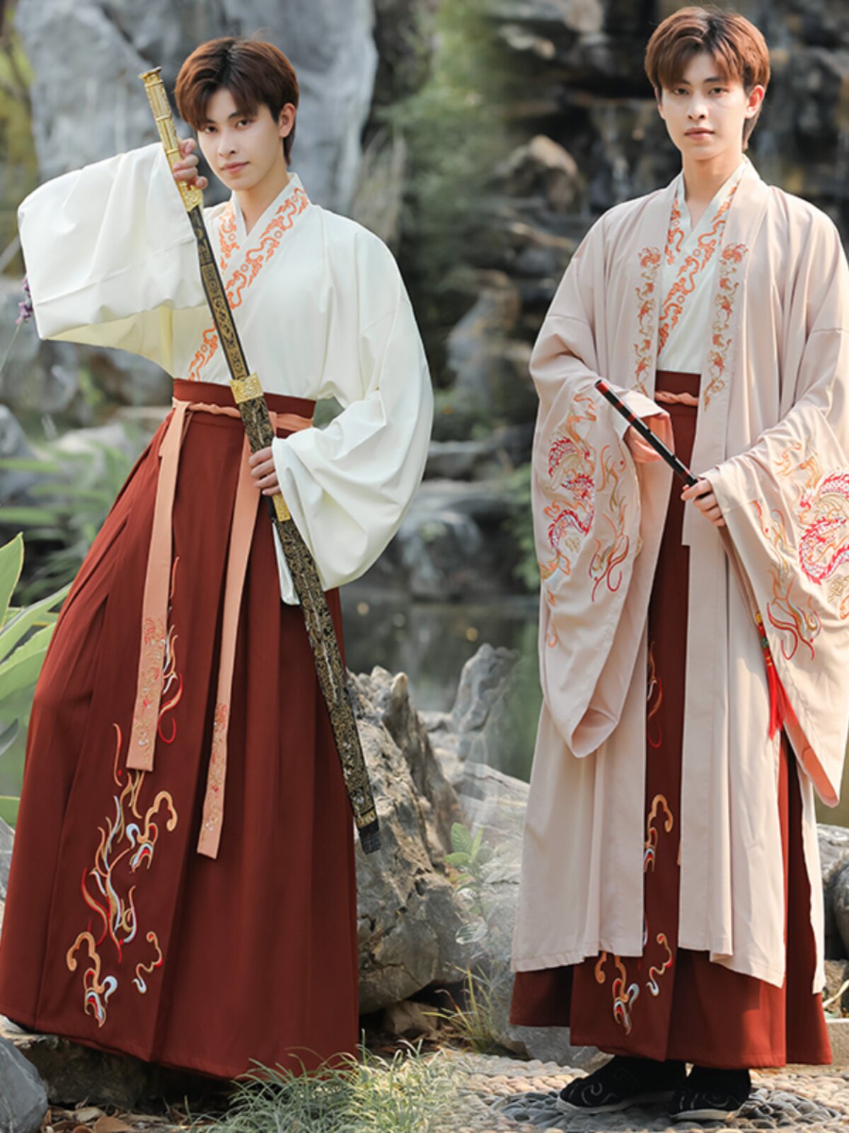 중국 스타일 말 얼굴 스커트 정장 2023 새로운 겨울 일일 HANFU 복고풍 드래곤 패턴 자수 무술 스타일 커플 의류