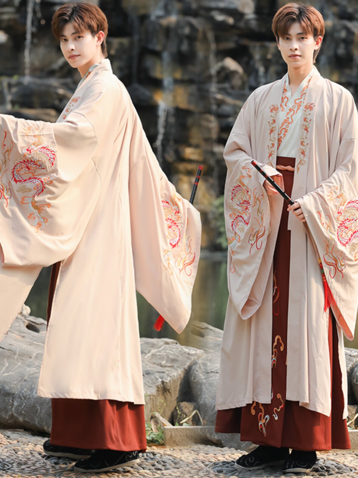 중국 스타일 말 얼굴 스커트 정장 2023 새로운 겨울 일일 HANFU 복고풍 드래곤 패턴 자수 무술 스타일 커플 의류