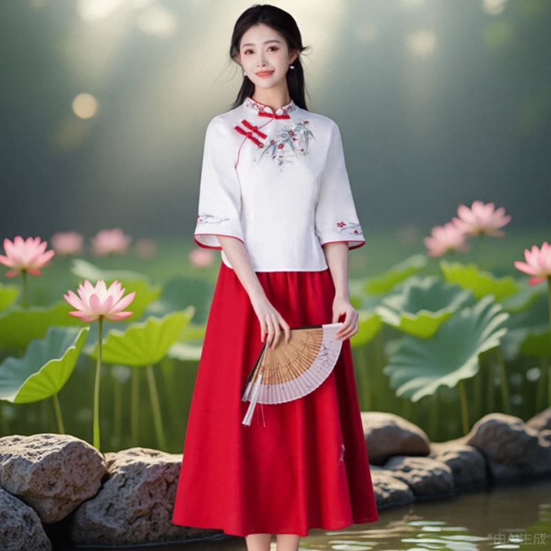 2025新款穿搭一整套女装国风套浅色新中式穿搭民国风旗袍套装裙夏