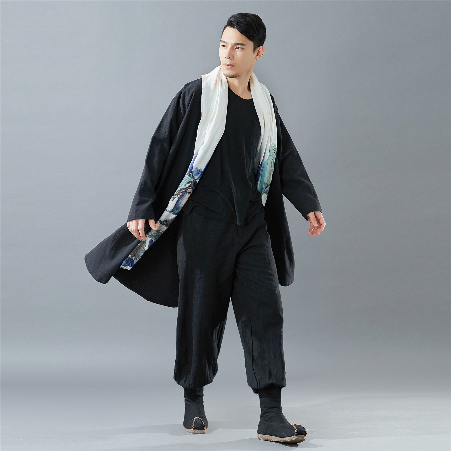 2026新款围巾领大披风 男士休闲开衫款风衣宽松长衫苎麻砂洗外套