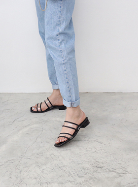 ins韩版chic热款简约透明PVC塑料方头中跟凉拖鞋 神秘黑