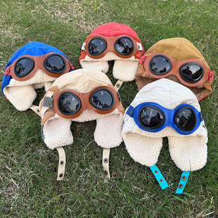 儿童帽子冬季男童飞行员套头护耳帽小童带墨镜加绒保暖风雪雷锋帽