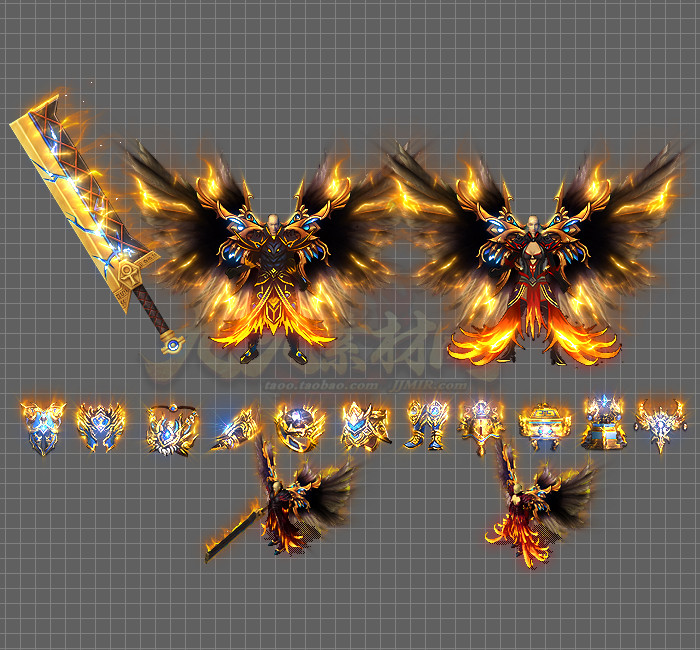 传奇剑甲素材 复古沉默 黑金翅膀 男女衣服武器含首饰套装