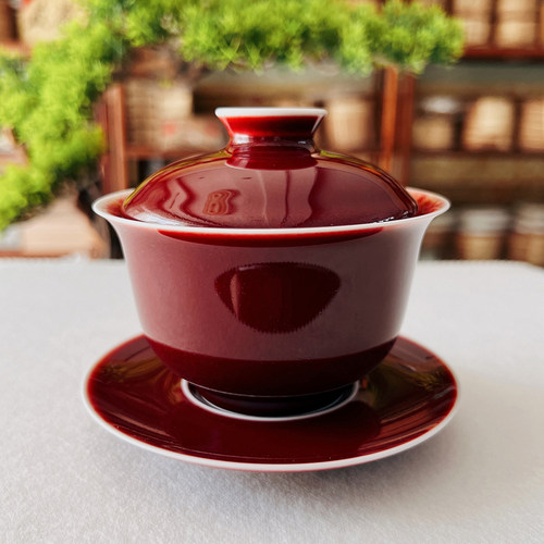 郎红圆满三才盖碗陶瓷纯手工茶碗
