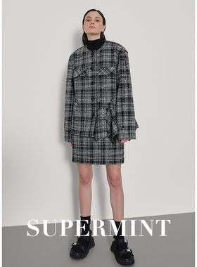 现货SHANG1BYSHANGYI秋冬款通勤休闲黑白格纹小香风半裙显瘦