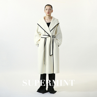 M现货CELLOSONATA百搭系腰带女士暖暖毛呢睡袍式羊毛大衣外套白色