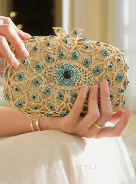 UGALS重工蓝色恶魔之眼镶钻盒子时尚晚宴气质高级感手拿斜挎小包