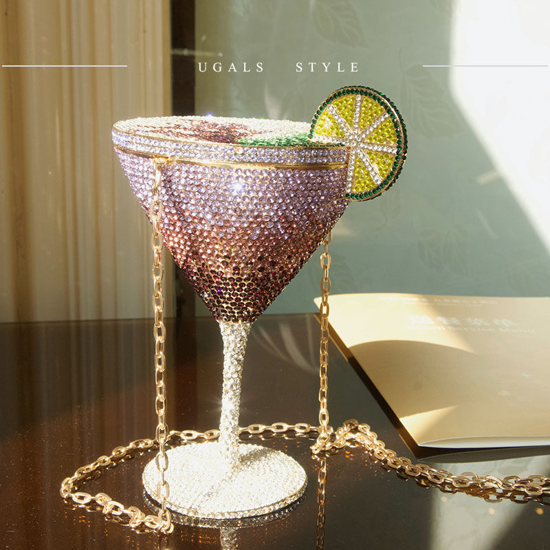UGALS时尚潮流镶钻闪亮不灵重工紫色高脚酒杯晚宴水钻手拿斜挎包