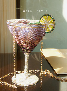 UGALS时尚潮流镶钻闪亮不灵重工紫色高脚酒杯晚宴水钻手拿斜挎包