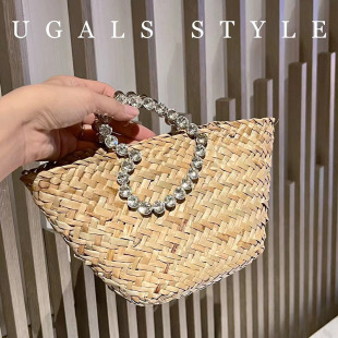 UGALS海邊度假手工編織沙灘草編閃亮不靈愛(ài)心水鉆石水桶手拿包女