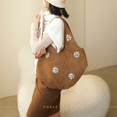UGALS秋冬复古磨砂丝绒水钻花朵麂皮购物袋托特腋下手拿大包包女