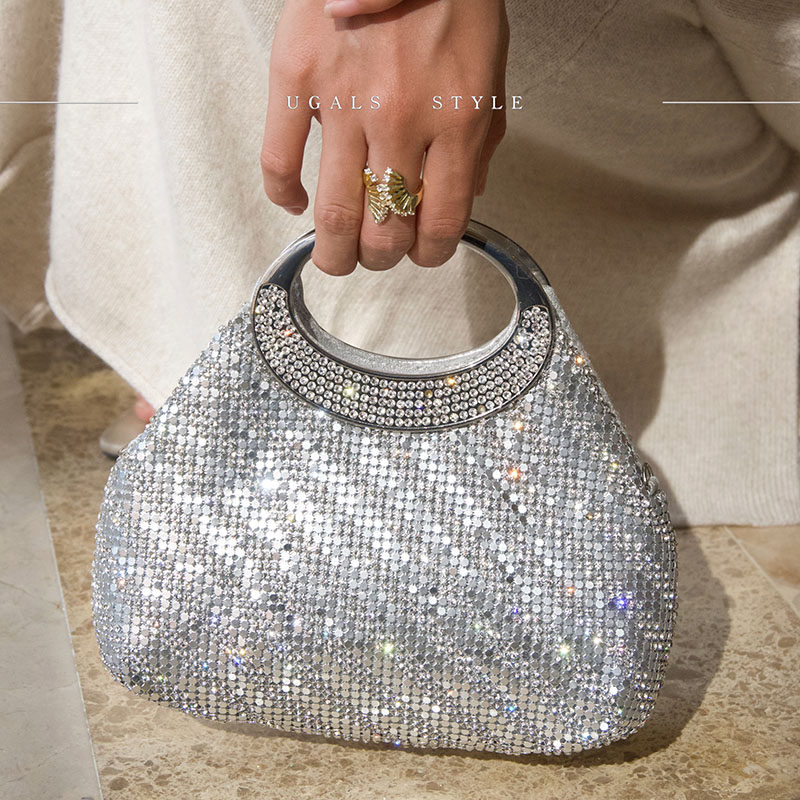UGALS法式仙女高级感格纹亮片编织金属圆环饺子包宴会手拿斜挎包