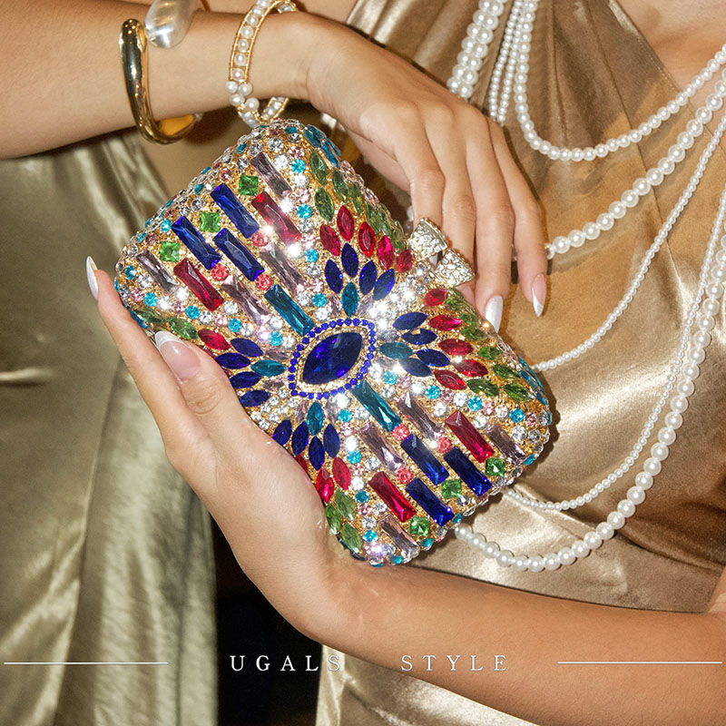 UGALS法式复古名媛水晶钻石盒子闪亮不灵气质宴会手拿斜挎小方包