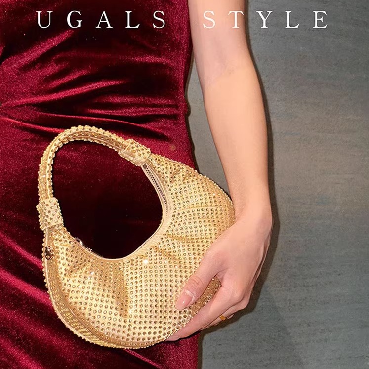 UGALS复古满水钻石月亮饺子托特闪亮不灵气质百搭宴会手拿斜挎包